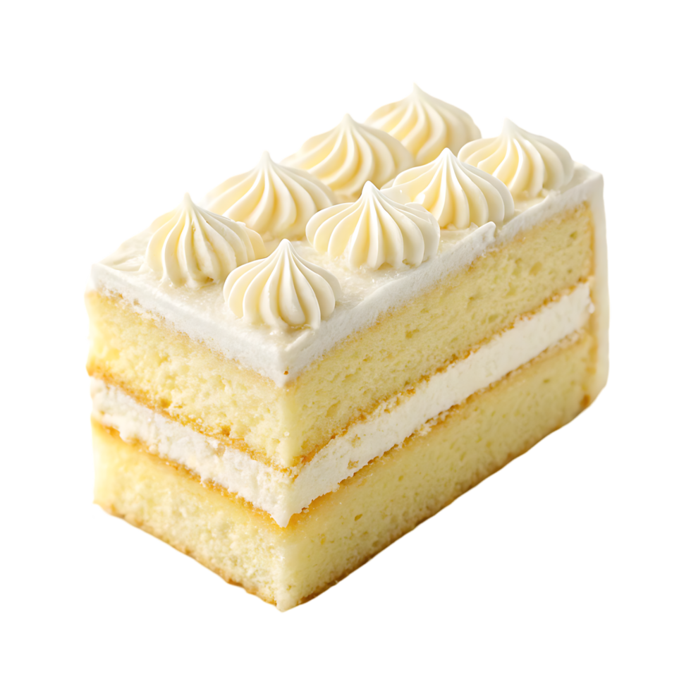 Delicious vanilla cake slice with creamy frosting. png