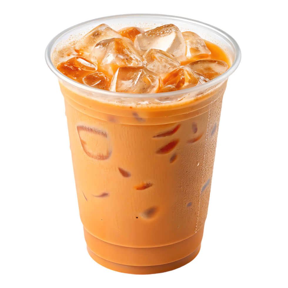 Refreshing iced coffee in a plastic cup with ice cubes. png