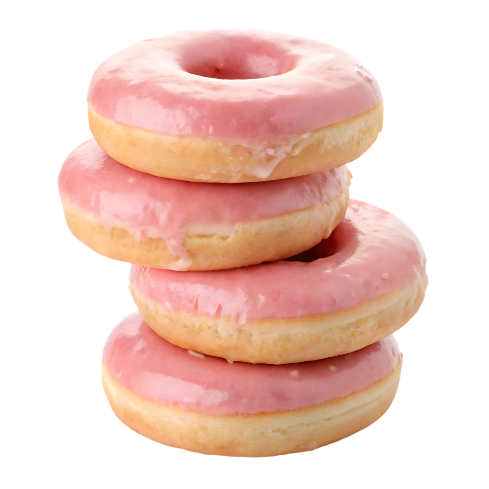 Stack of four pink glazed donuts. png