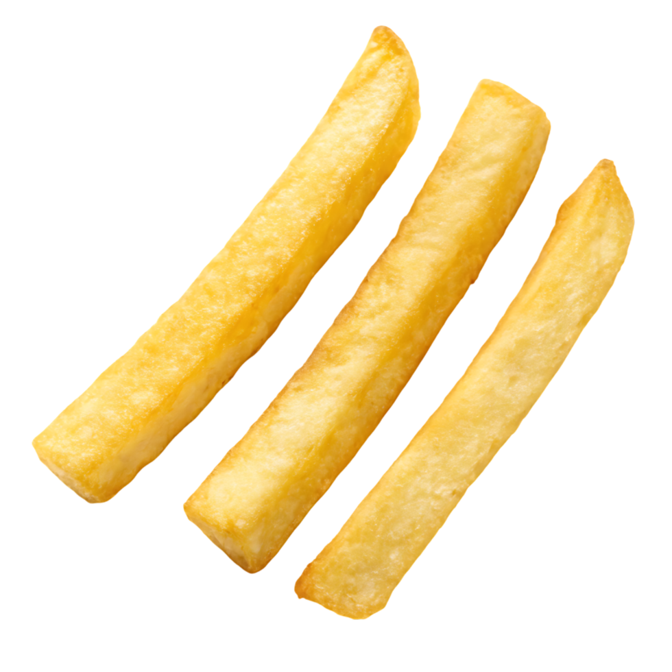 Three golden french fries isolated on transparent background png