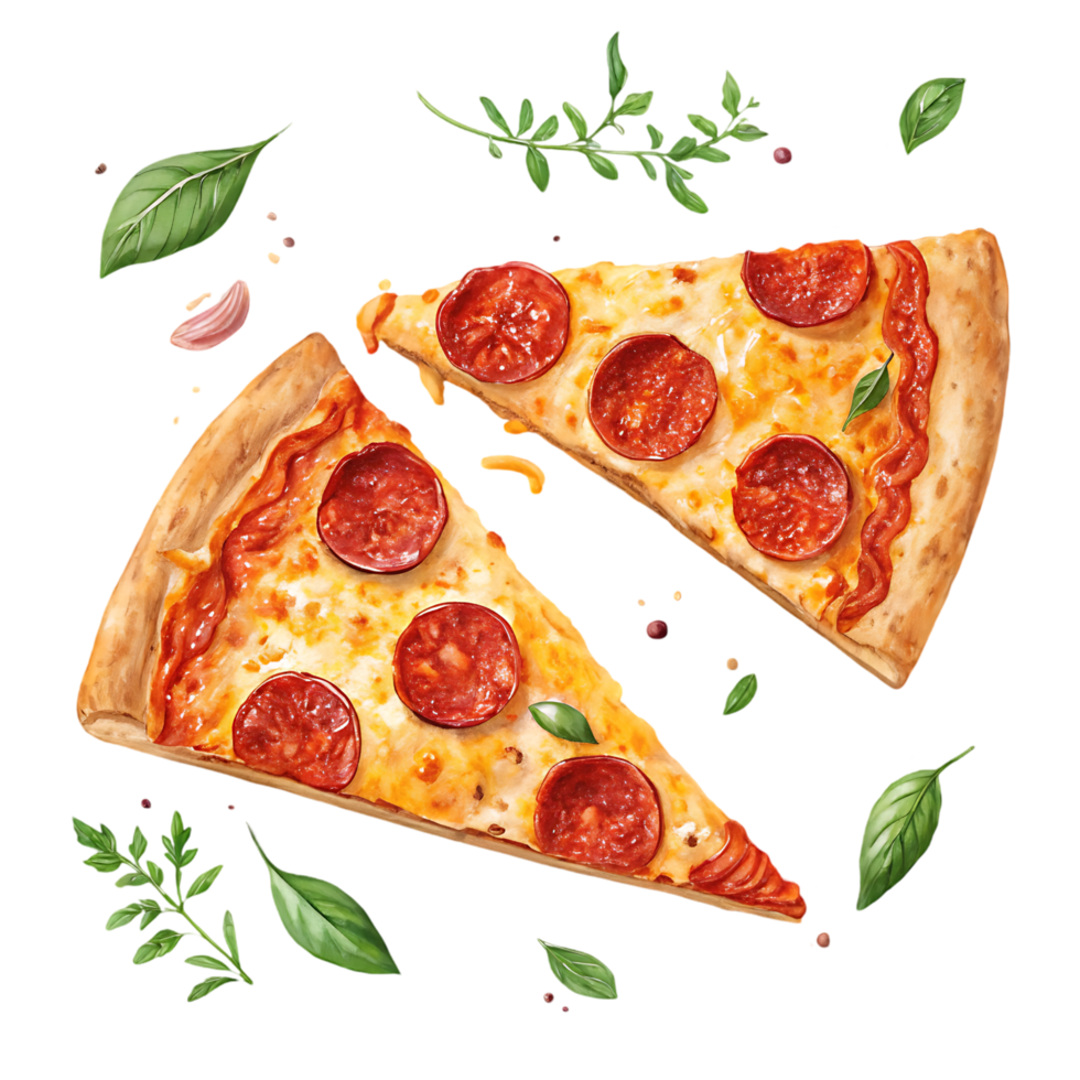 Two slices of pepperoni pizza with herbs and spices png