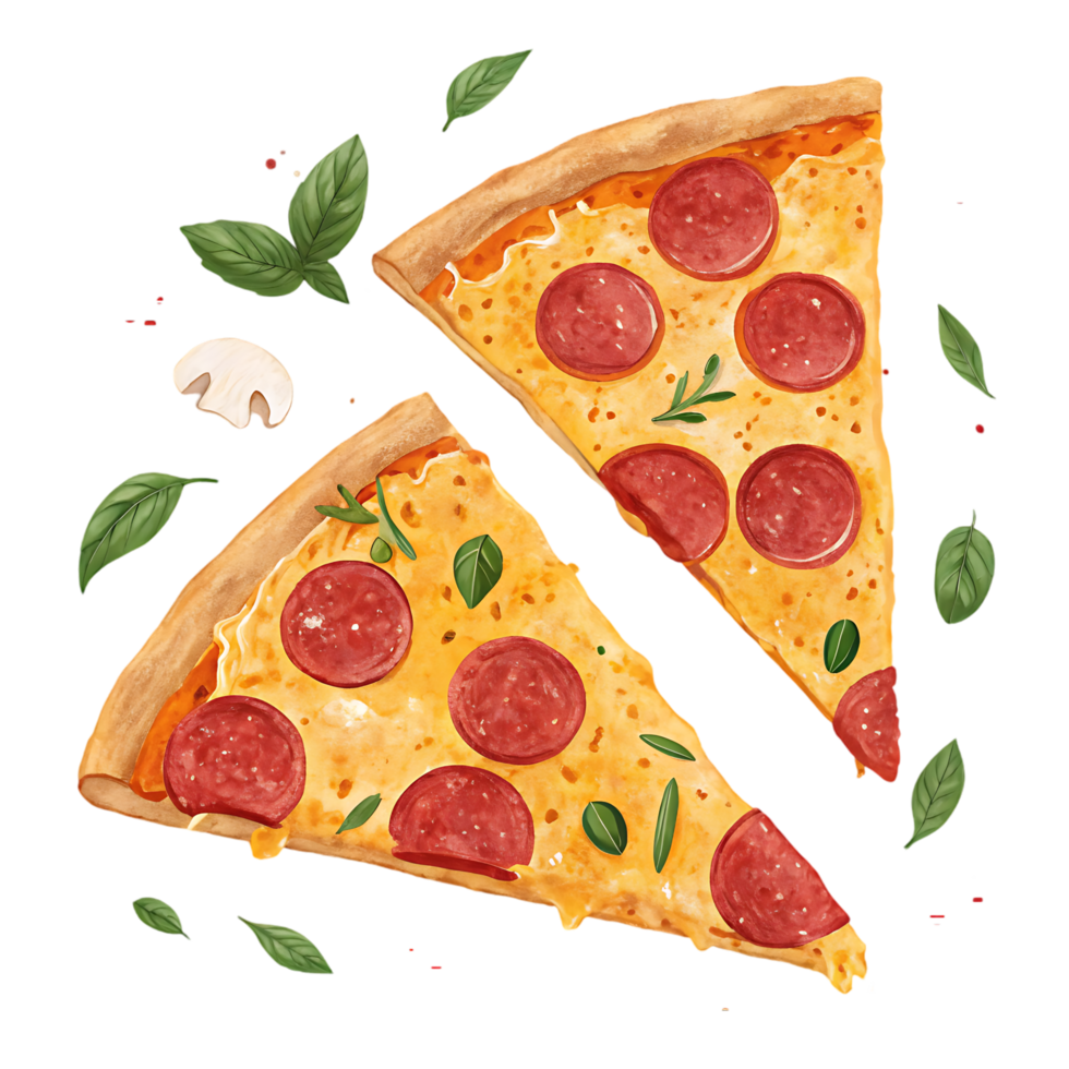 Two slices of pepperoni pizza with herbs. png