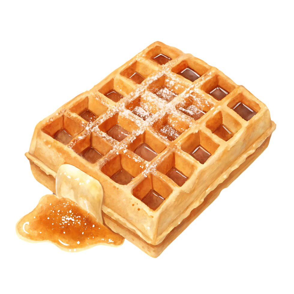 Delicious golden waffle with butter and syrup png