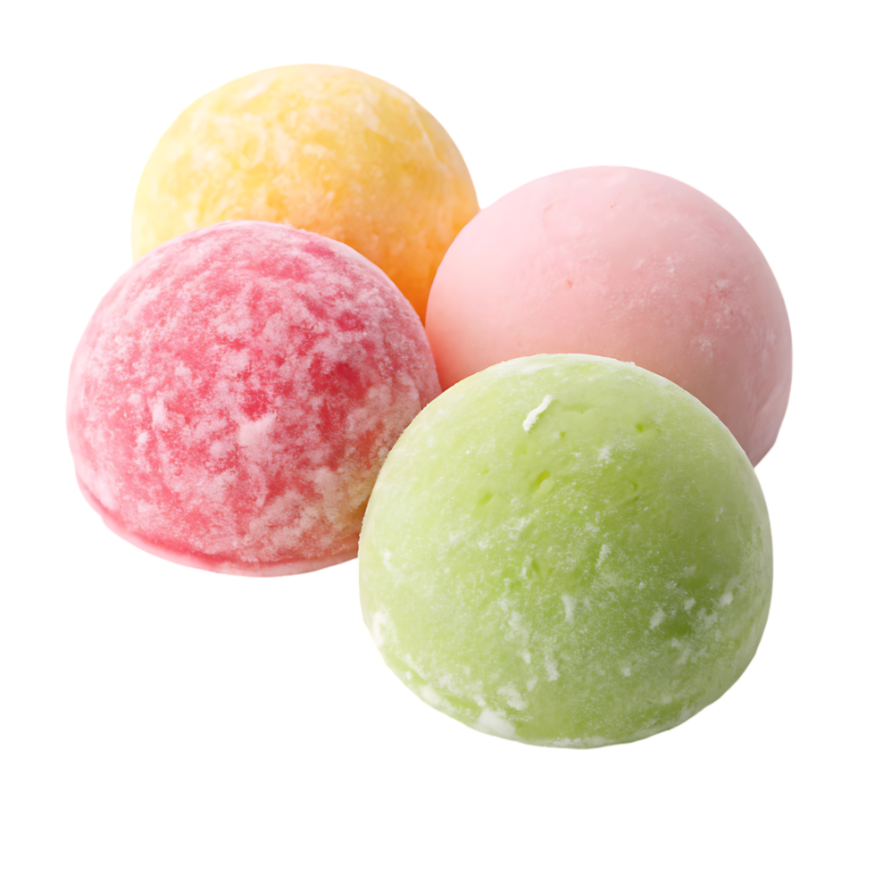 Colorful mochi ice cream balls close up. png