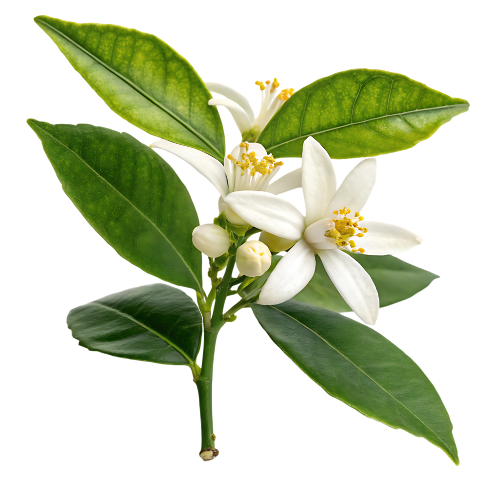 Close up of orange blossom flowers and leaves. png