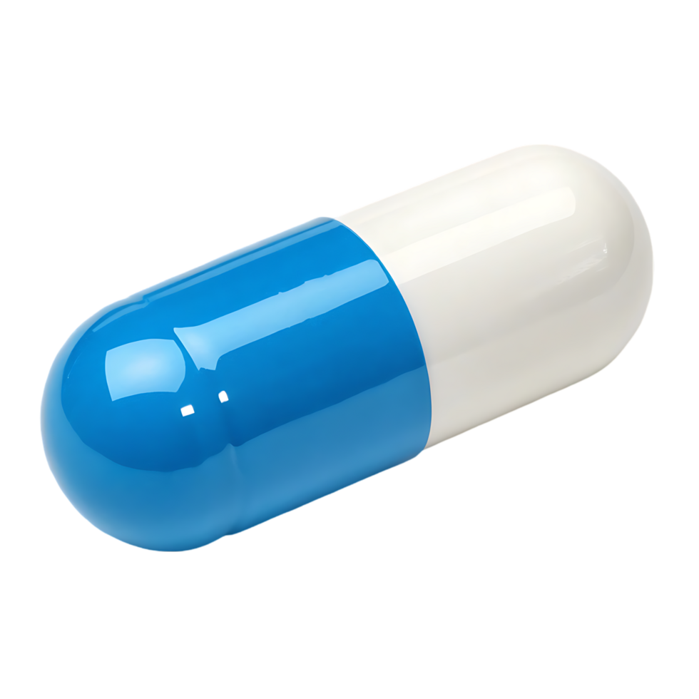 Close up of a single blue and white capsule. png