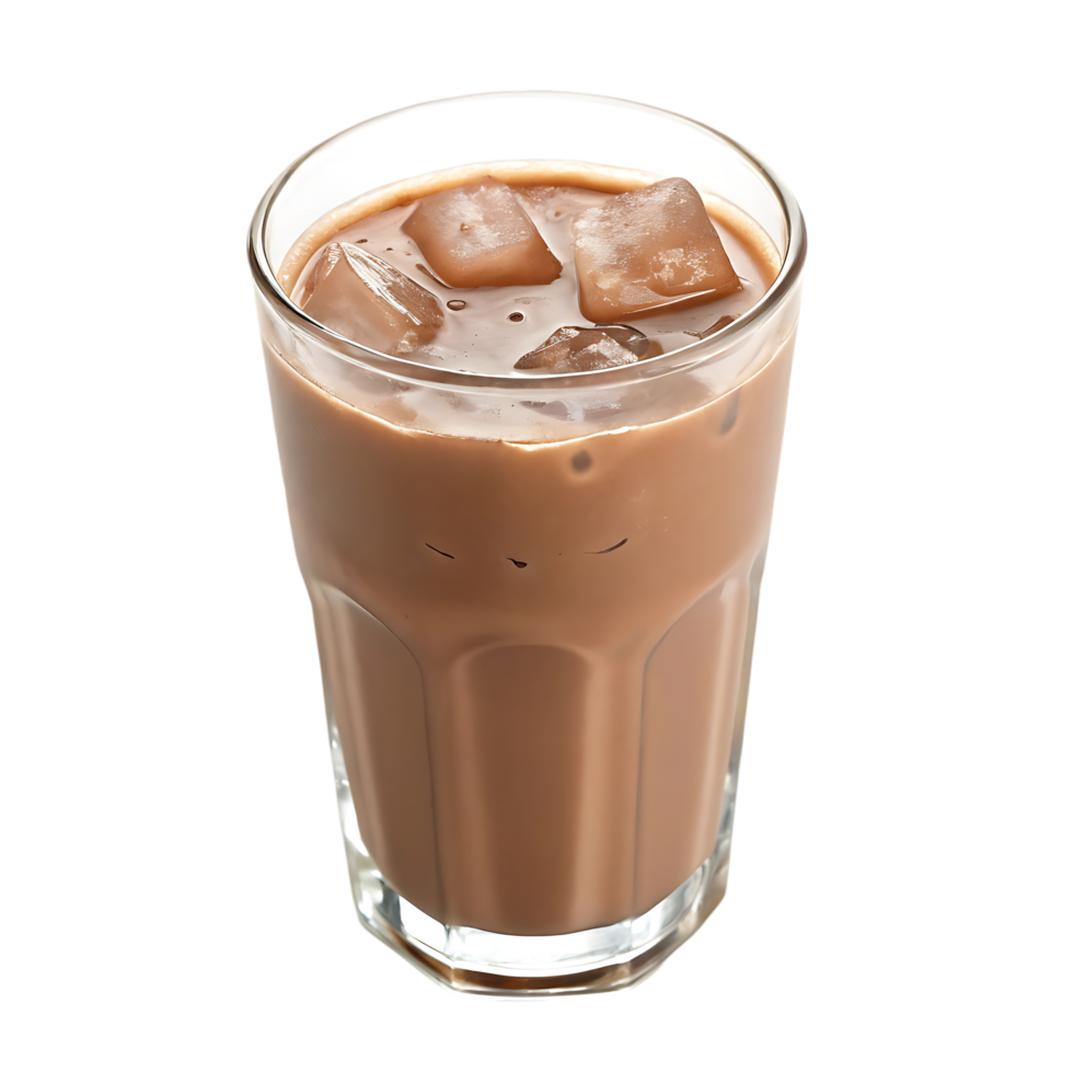 Refreshing iced chocolate drink in a glass with ice cubes. png