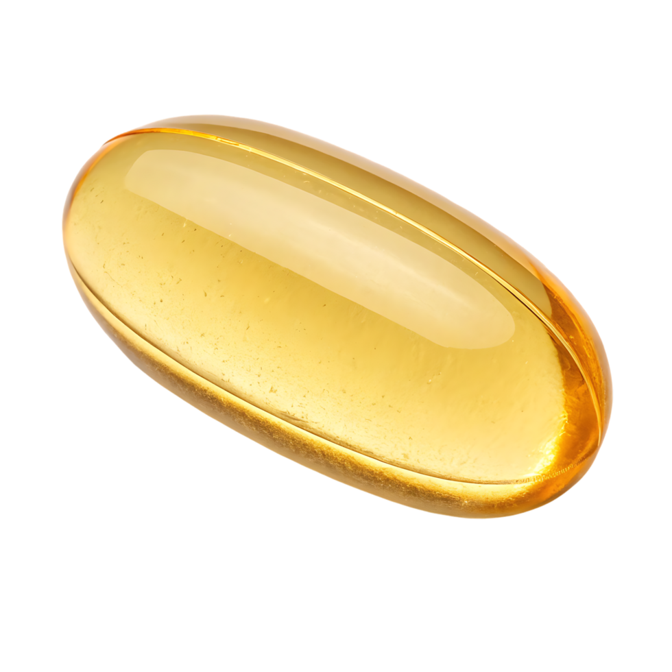 Single fish oil capsule, close up. png
