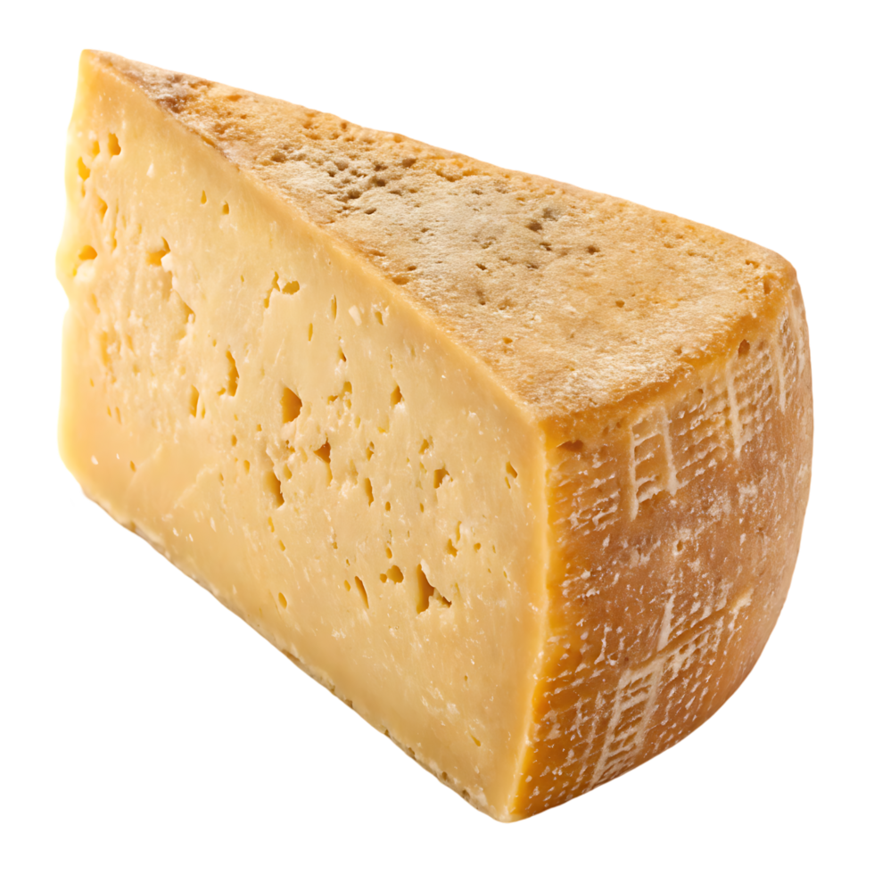 A wedge of aged cheese with holes and a slightly rough rind. png