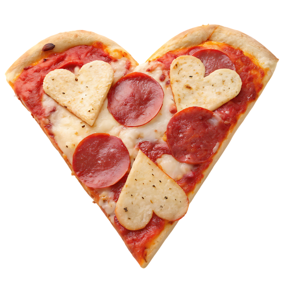 Heart shaped pizza with pepperoni and heart shaped cheese. png