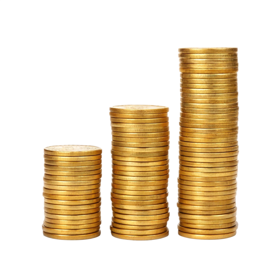 Stacks of gold coins showing growth and financial success. png