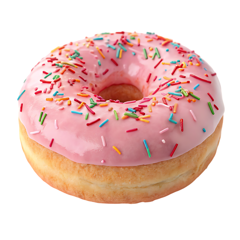 Delicious pink donut with colorful sprinkles. png