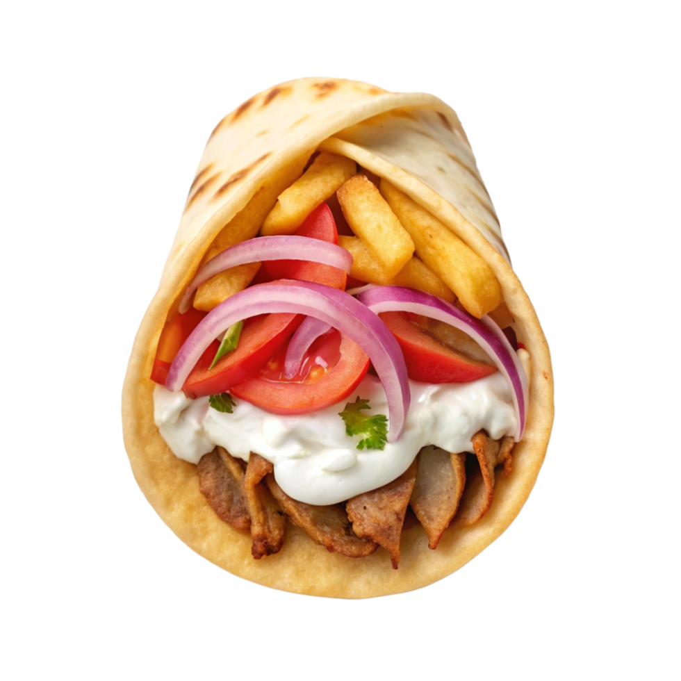 Delicious gyro with fries, tomatoes, and tzatziki sauce. png