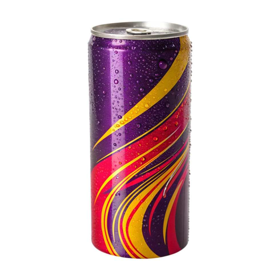 Refreshing purple energy drink can with vibrant design. png