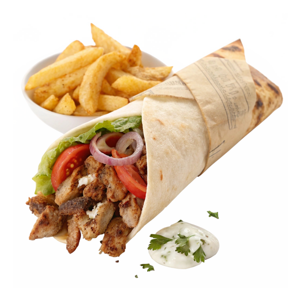 Delicious kebab wrap with fries and sauce. png