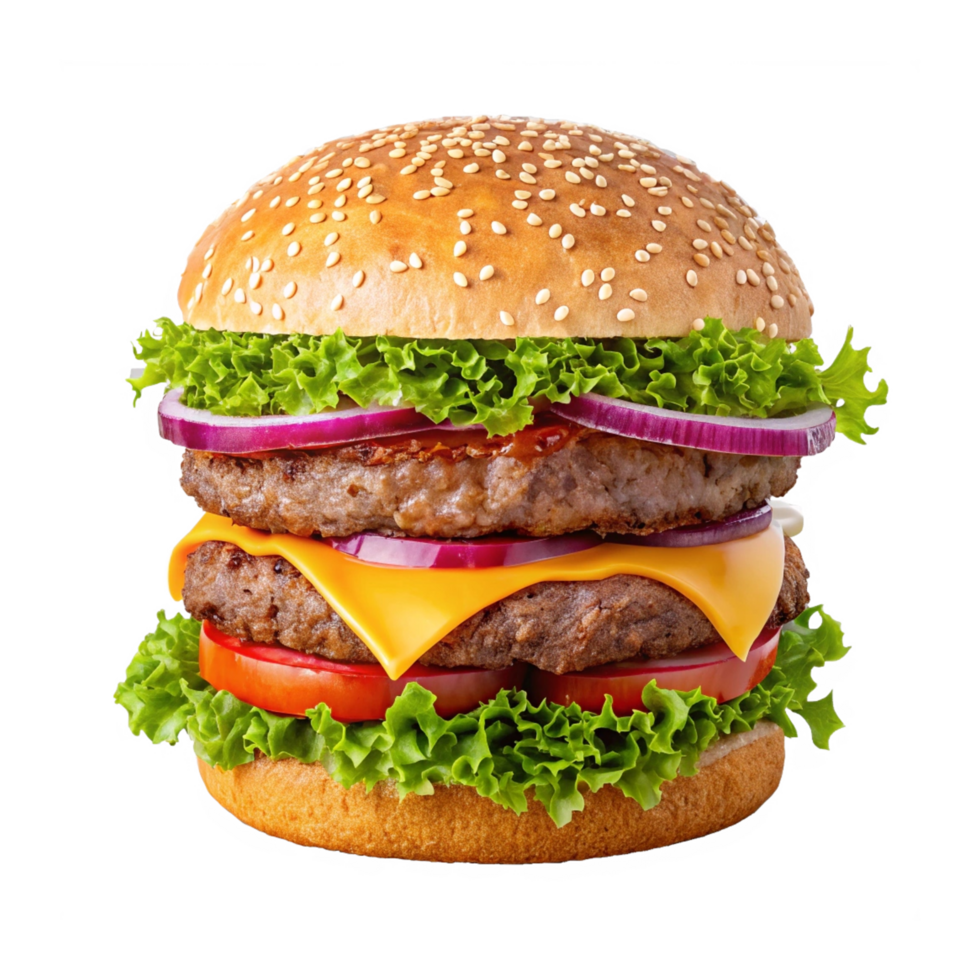 Juicy double cheeseburger with lettuce, tomato, and onion. png