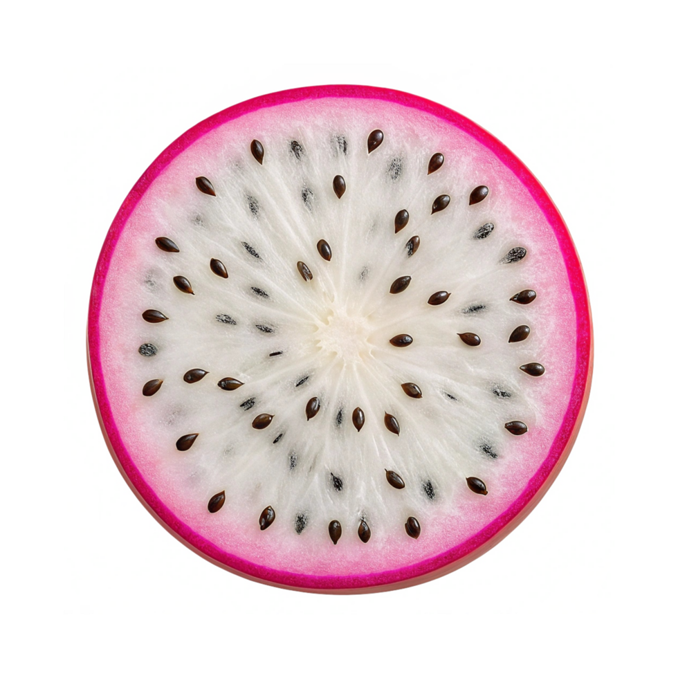 Close up of a sliced dragon fruit, showcasing its vibrant pink skin and numerous tiny black seeds. png