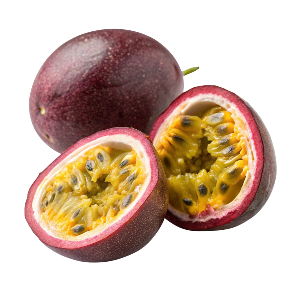 Fresh passion fruit, cut in half, showing seeds and pulp. png