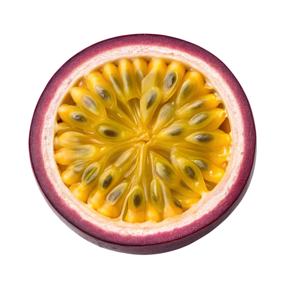 Close up of a halved passion fruit, showcasing its vibrant seeds and pulp. png