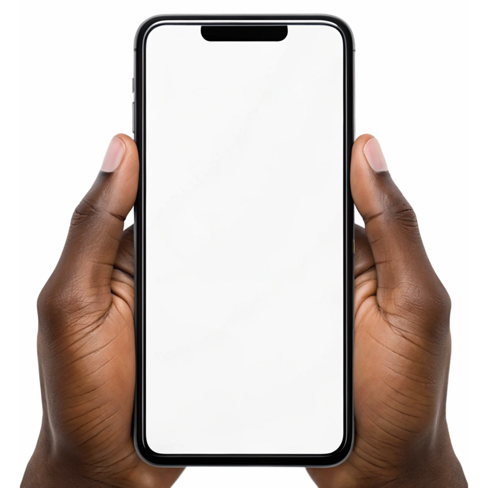 Hands holding a smartphone with blank screen. png
