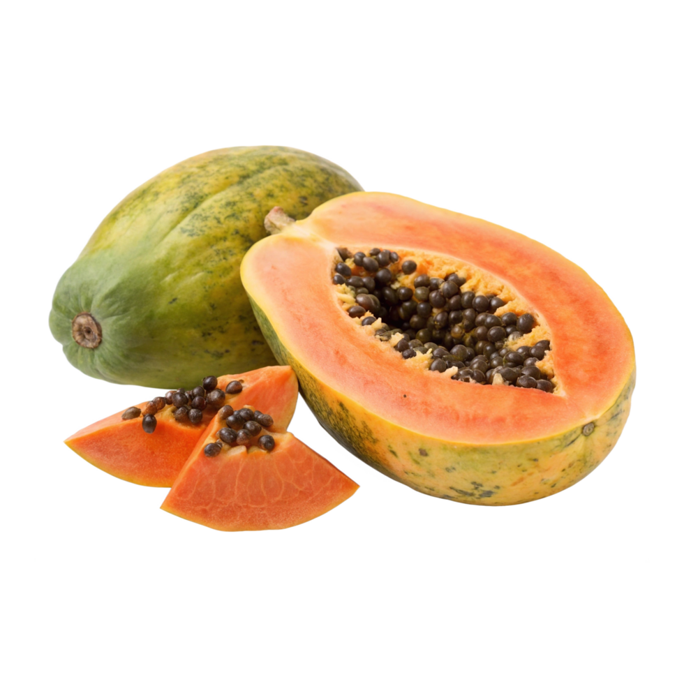 Ripe papaya fruit, cut in half with slices png