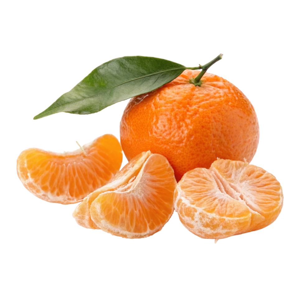 Fresh mandarin orange segments and whole fruit. png