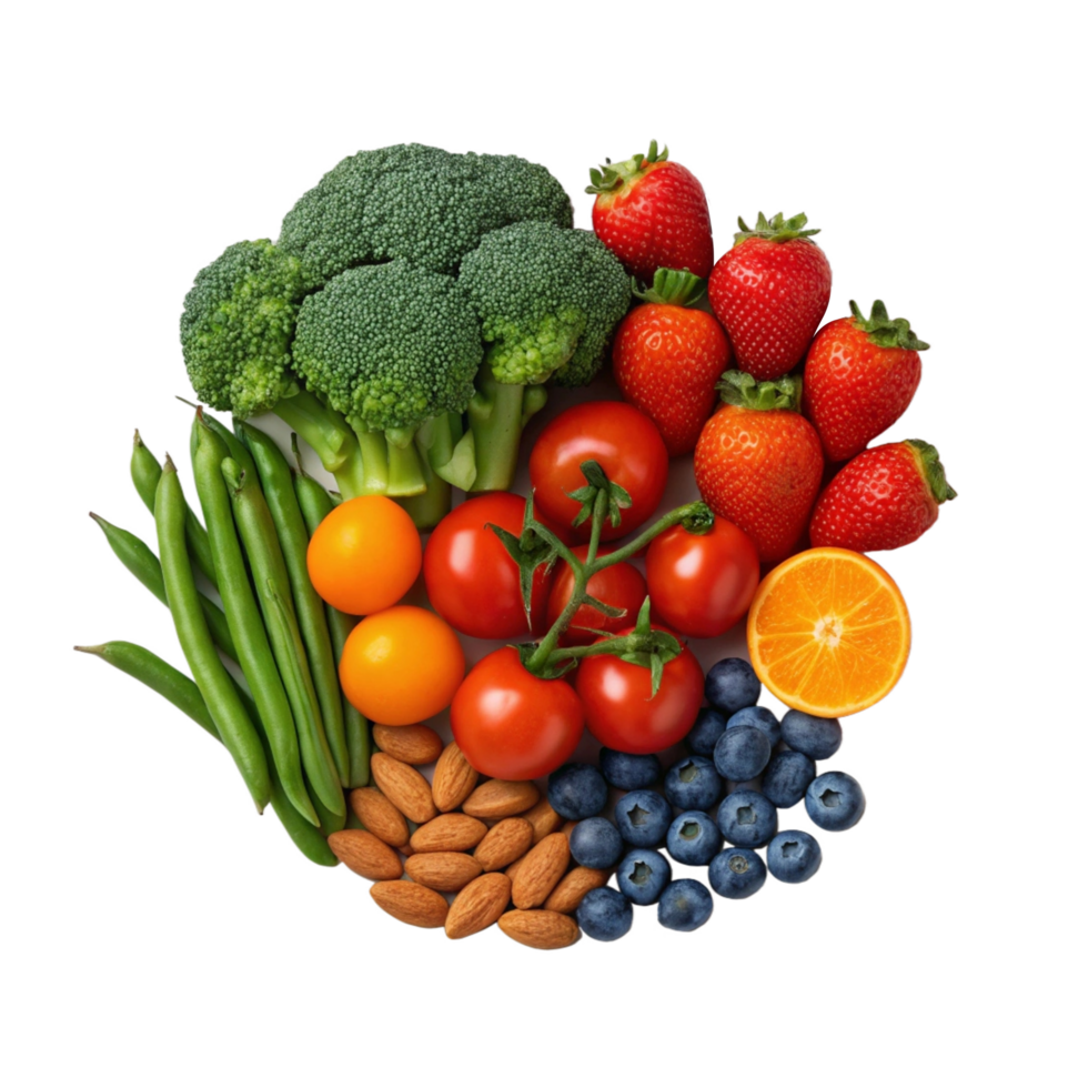 Variety of fresh fruits, vegetables, and nuts. png