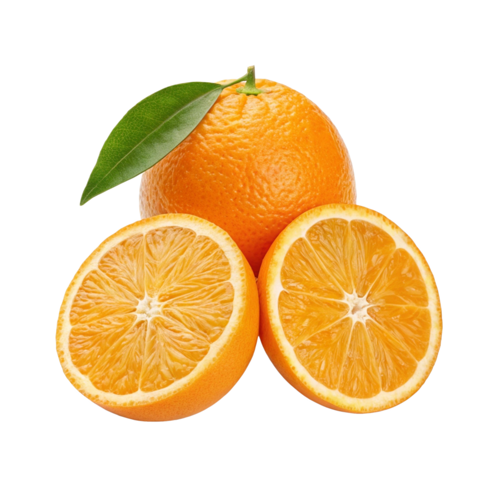 Fresh oranges, cut in half, with leaf. png