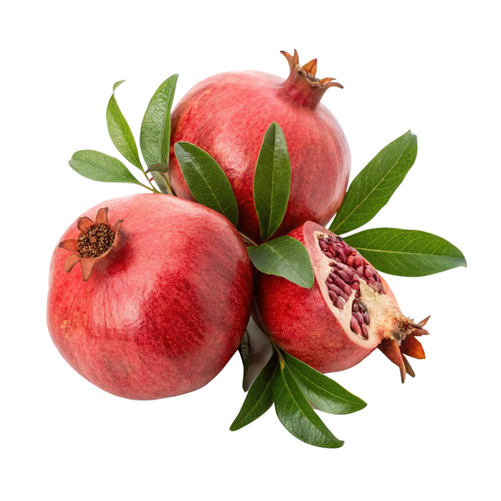 Fresh ripe pomegranates with green leaves png