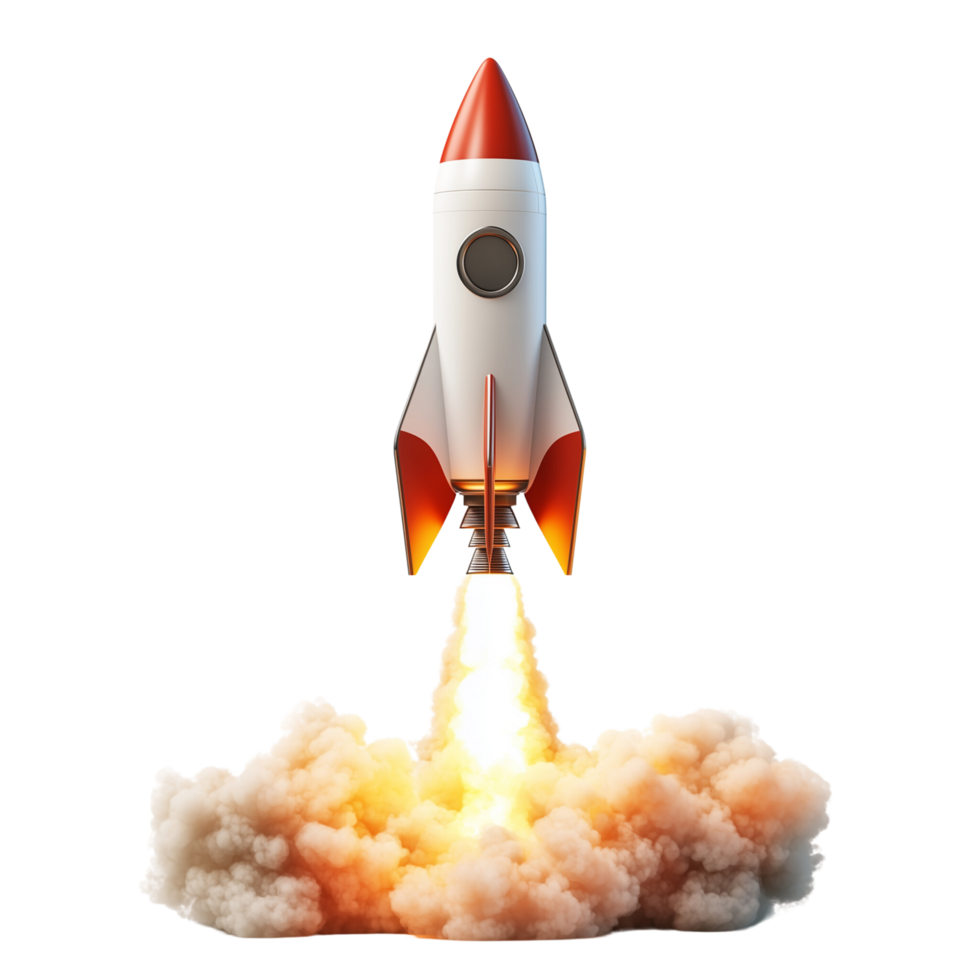 3D rocket launching into space, representing new business growth, Isolated on transparent Background png