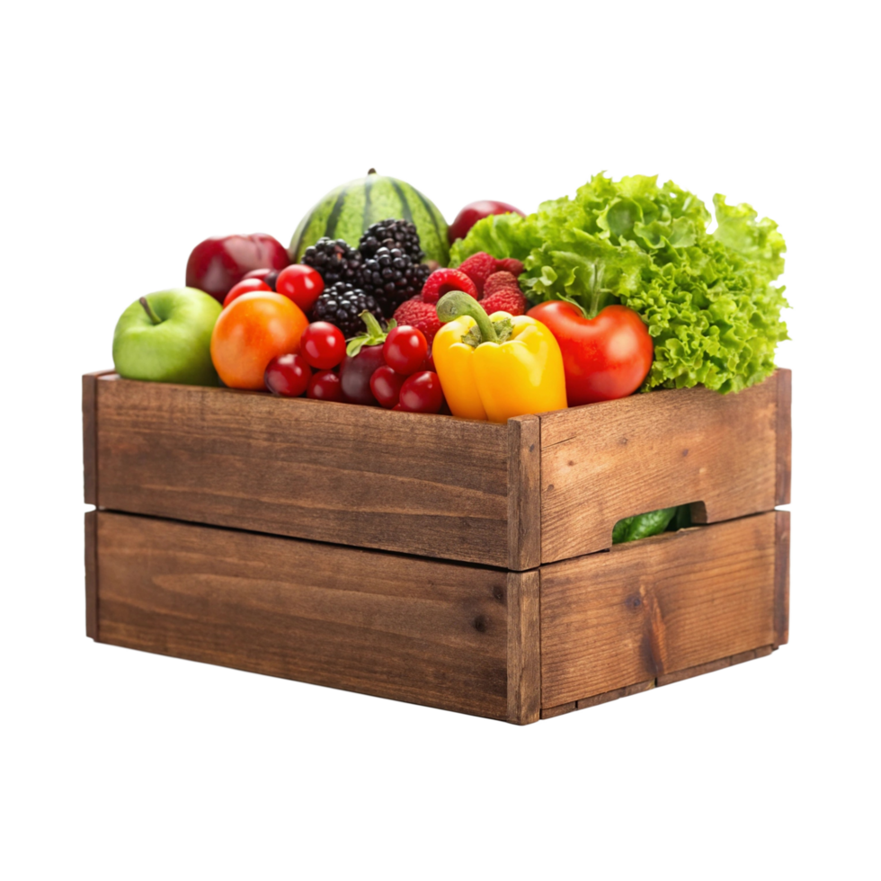 Fresh fruits and vegetables in a wooden crate png