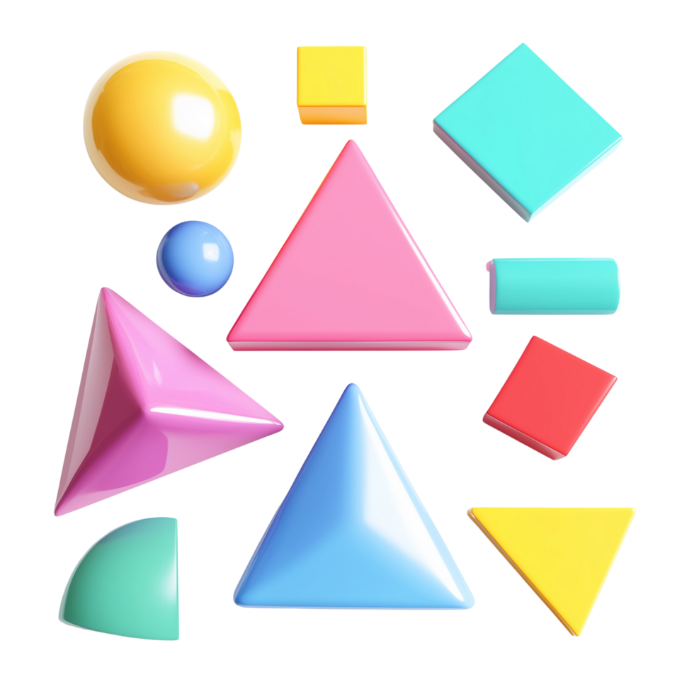 3D rendered geometric shapes in vibrant colors, dynamic angular forms and vibrant hues, Isolated on transparent Background png