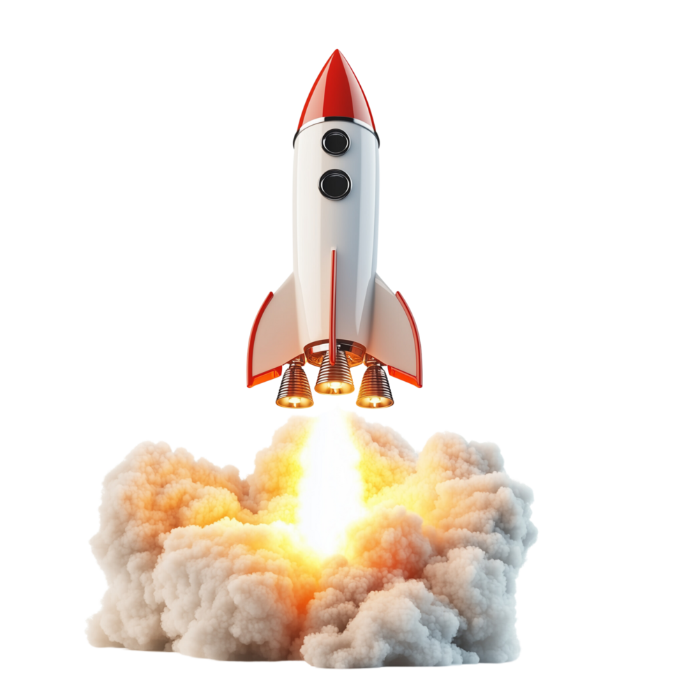 3D rocket soaring through space, representing the potential of startup growth, Isolated on transparent Background png