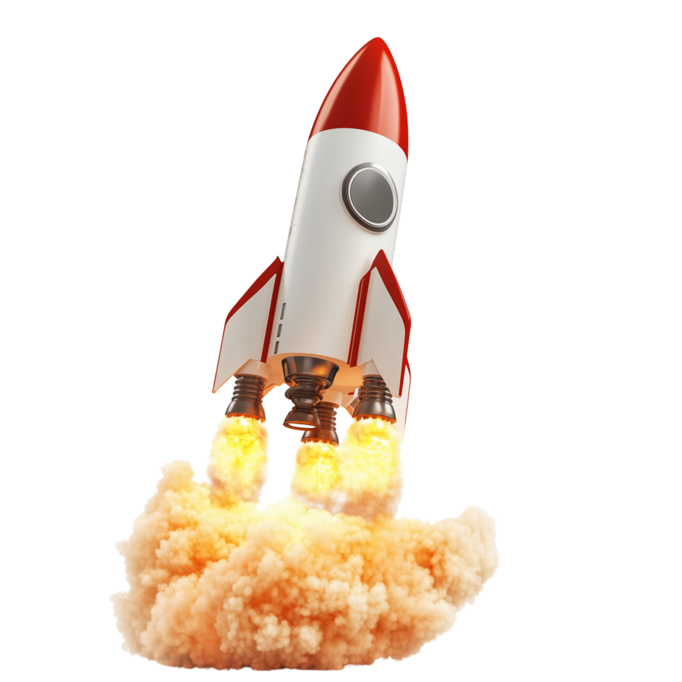 3D rocket soaring through space, symbolizing business startup success, Isolated on transparent Background png