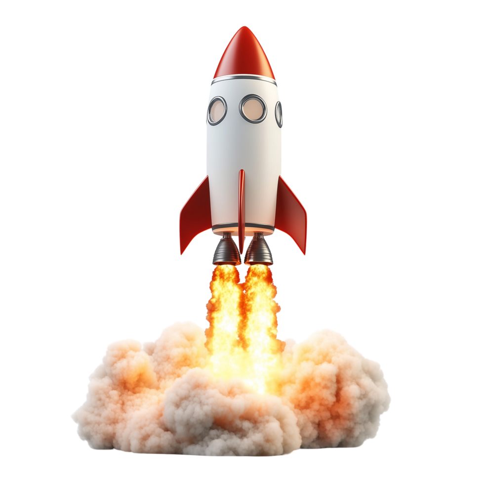 3D rocket soaring through space, symbolizing the launch of new business ventures, Isolated on transparent Background png