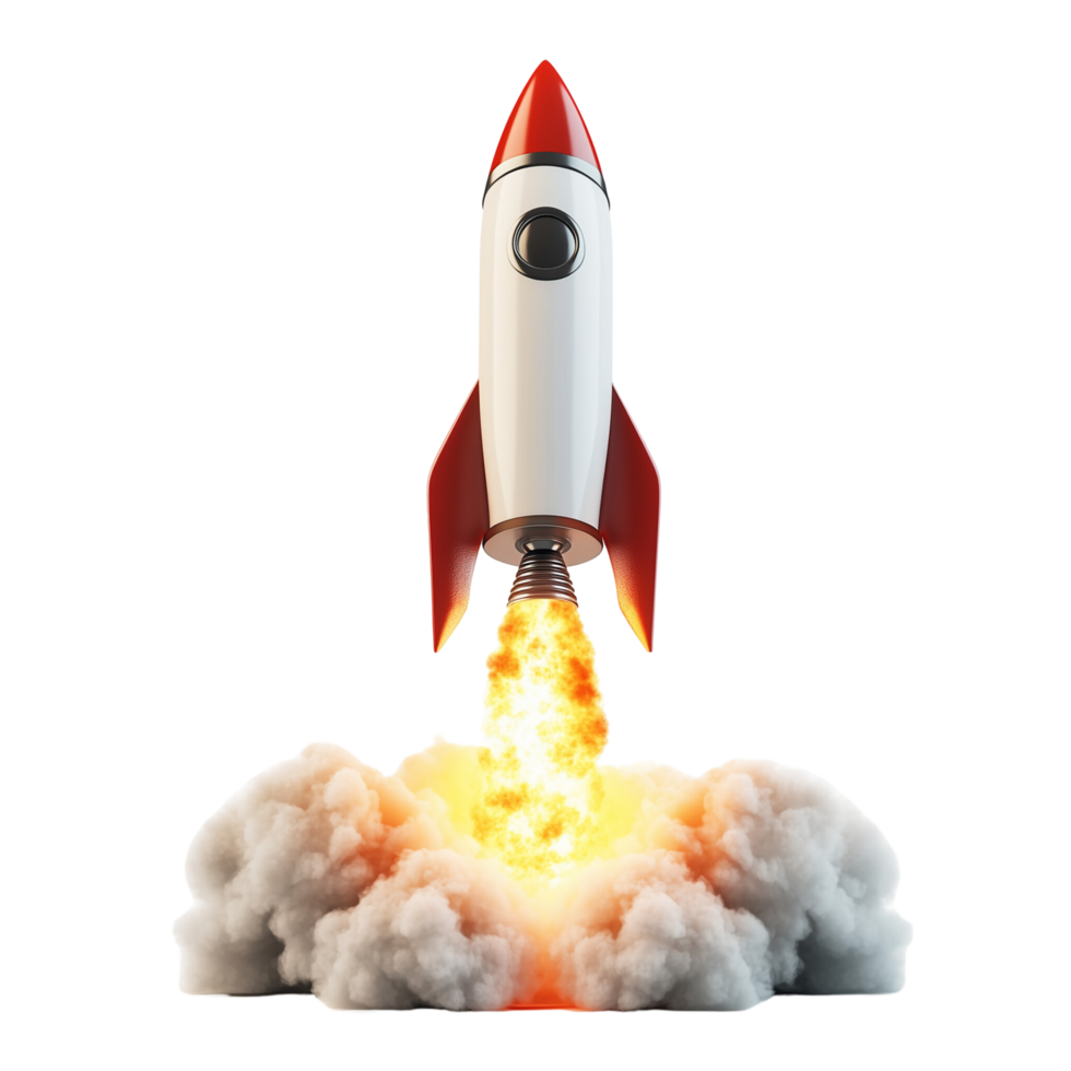 3D rocket soaring through space, symbolizing business startup and growth, Isolated on transparent Background png
