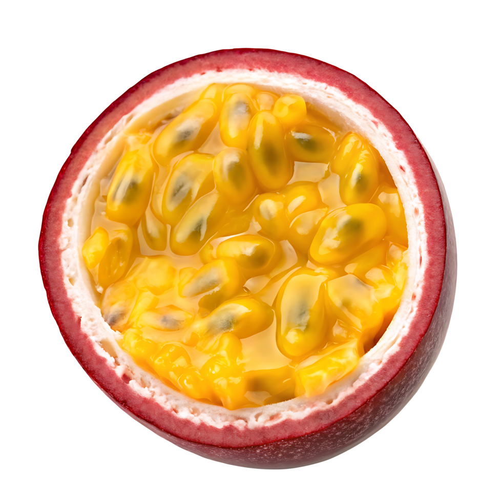 Close up of a halved passion fruit, showcasing its vibrant pulp and seeds. png