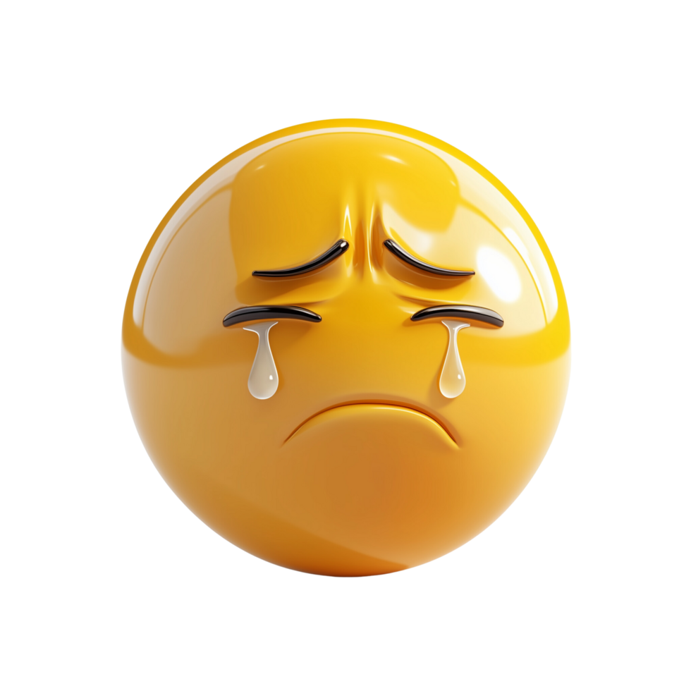 A 3D crying face emoji with detailed textures and teardrops, isolated on transparent background png
