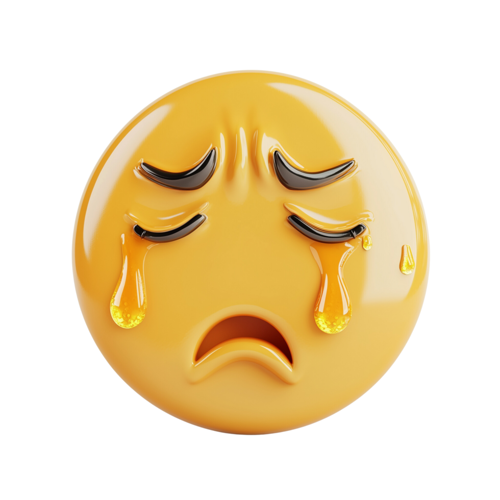 A 3D crying face emoji with teardrops, detailed textures, isolated on transparent background png