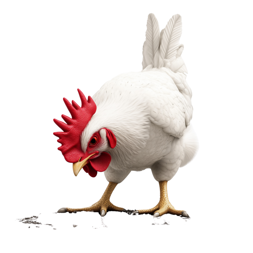A 3D chicken with a bright red comb pecking at the ground in natural pose, isolated background png