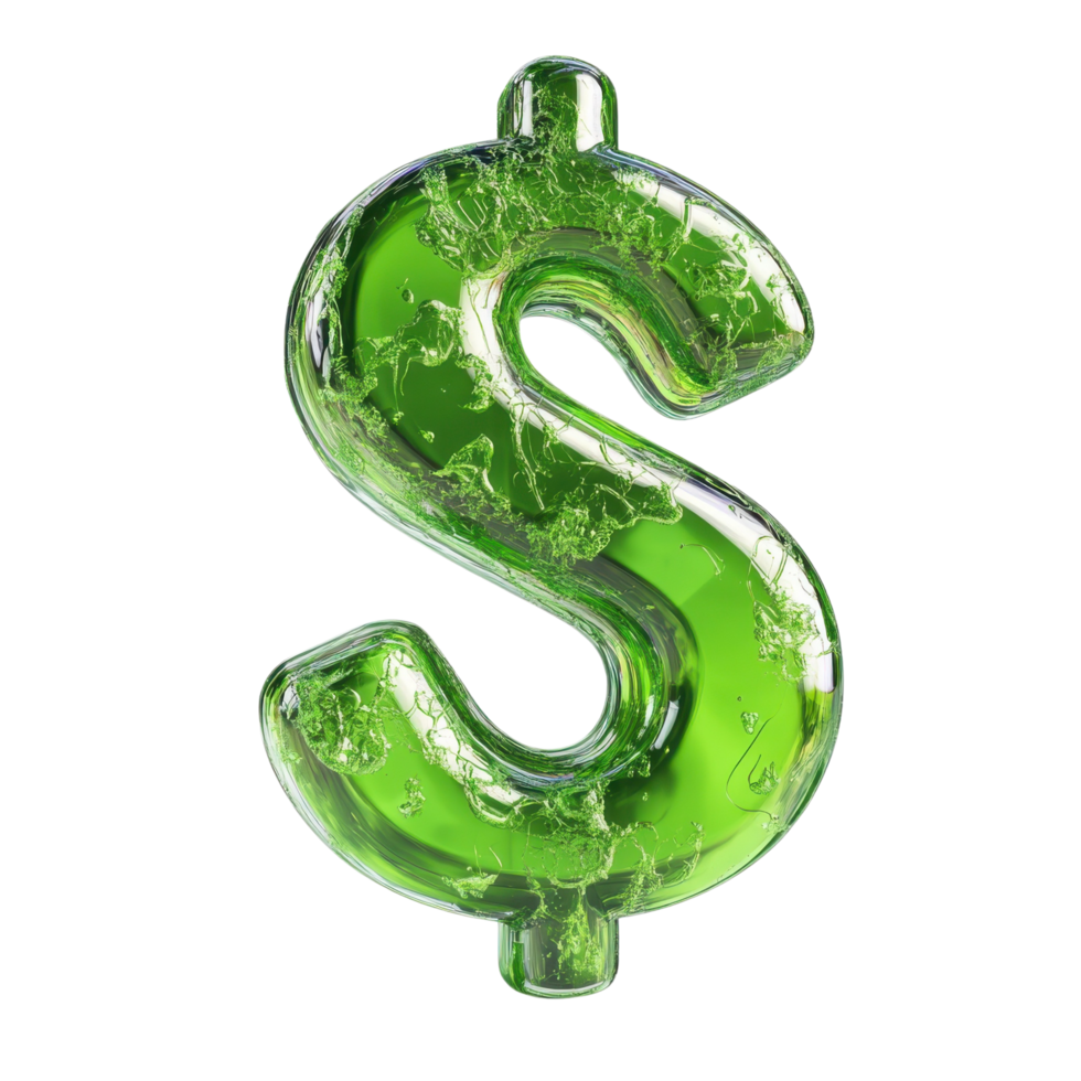 3D Cartoon Dollar Sign in Glossy Green with Exaggerated Bubbly Effect Set Against Transparent Background png