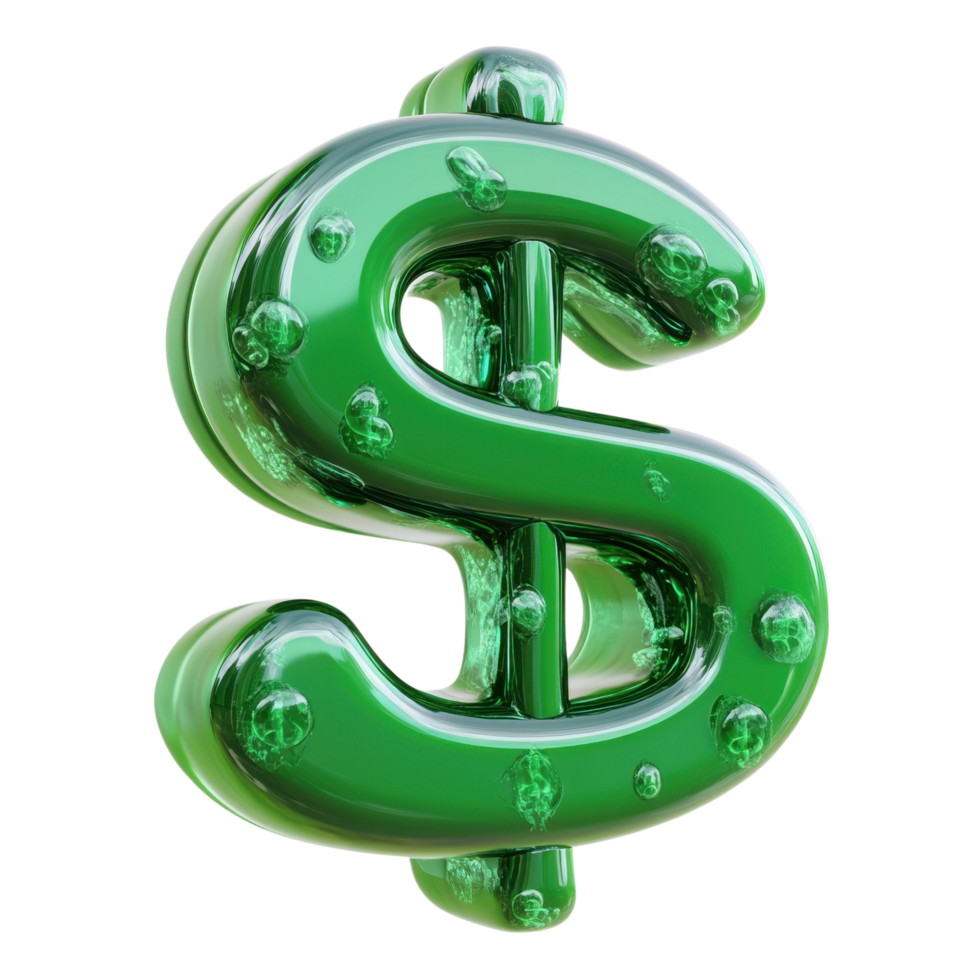 3D Cartoon Style Shiny Green Dollar Sign with Bubbly Exaggerated Look Isolated on Transparent Background png