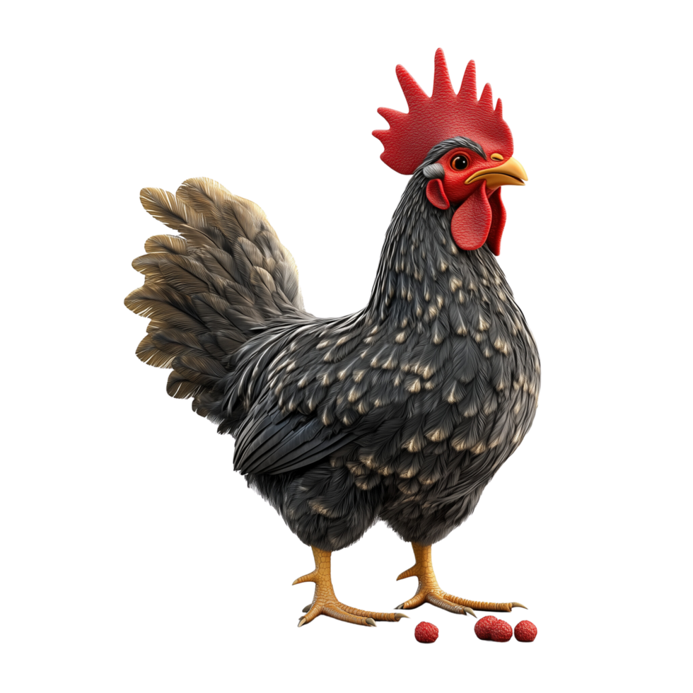 A 3D chicken with a bright red comb pecking on the farm ground, isolated on transparent background png