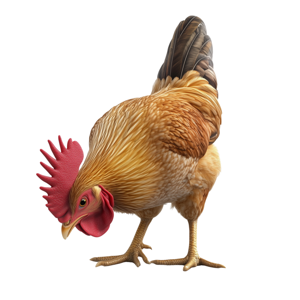 A 3D chicken pecking at the ground with bright red comb, isolated on transparent background png