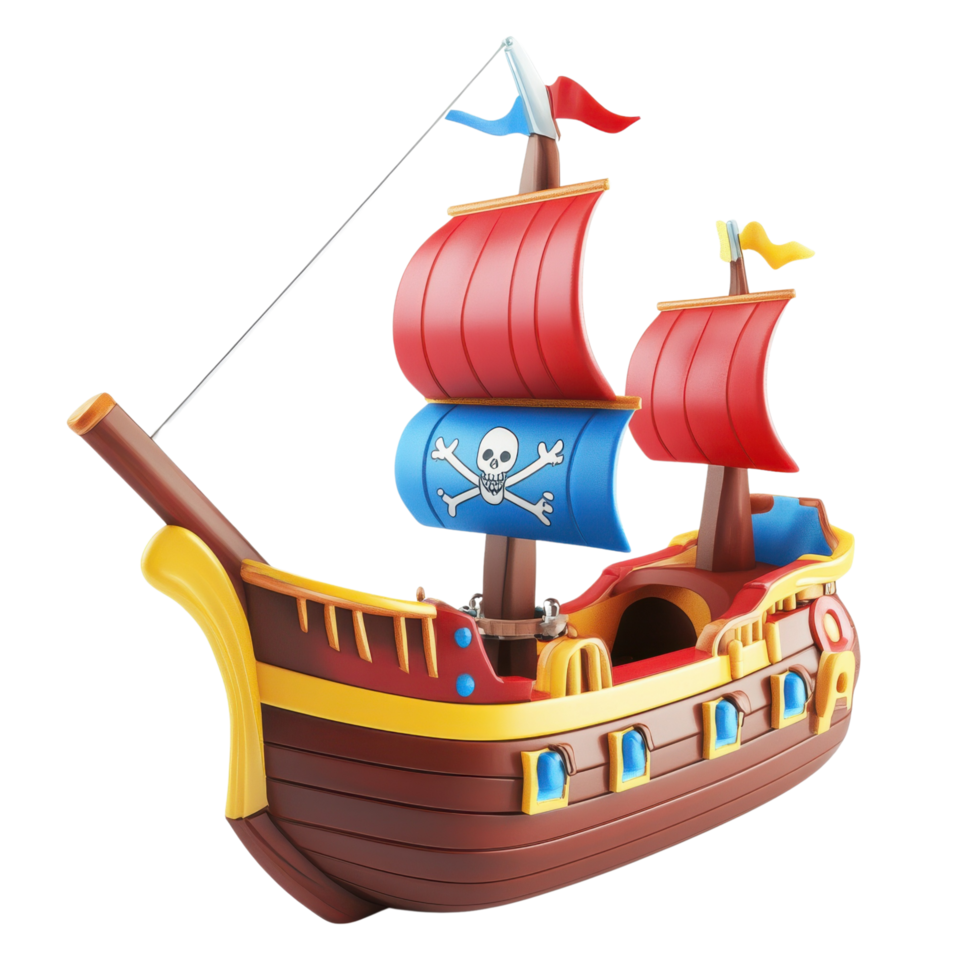A 3D cartoon-style toy pirate ship with a colorful design, isolated on transparent background png