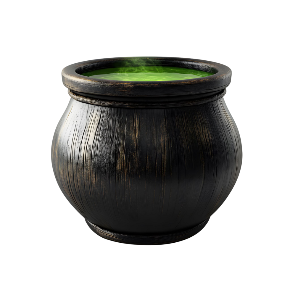 A realistic 3D black witch cauldron bubbling with green magic potion, isolated on transparent background png