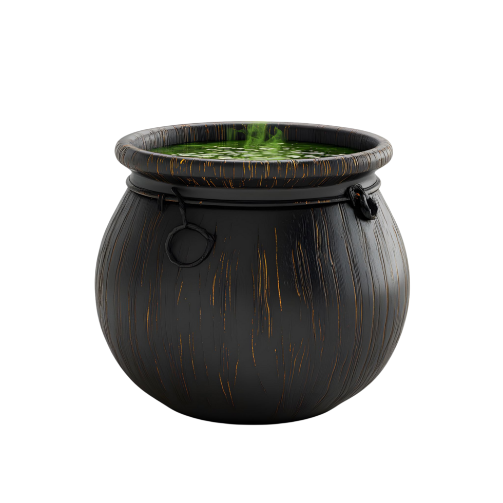 A mystical 3D black witch cauldron with a green potion bubbling, isolated on transparent background png