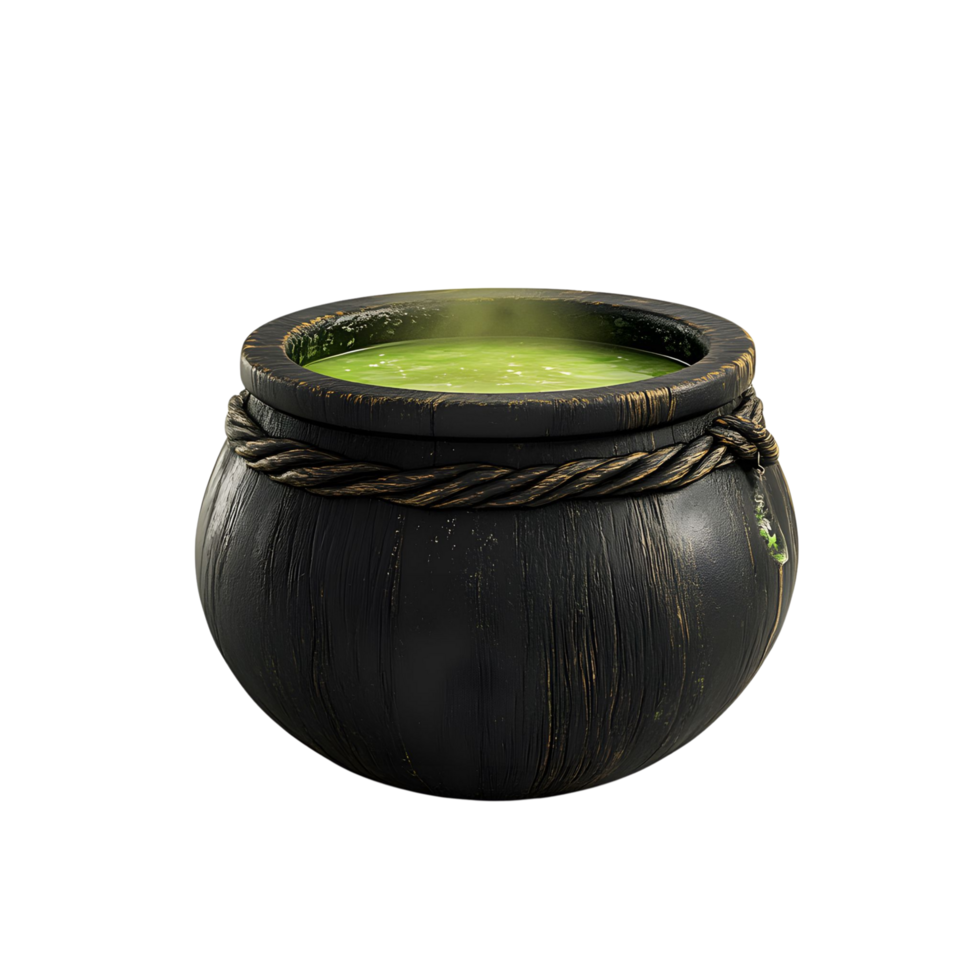 A 3D realistic black witch cauldron with bubbling green potion, isolated on transparent background png
