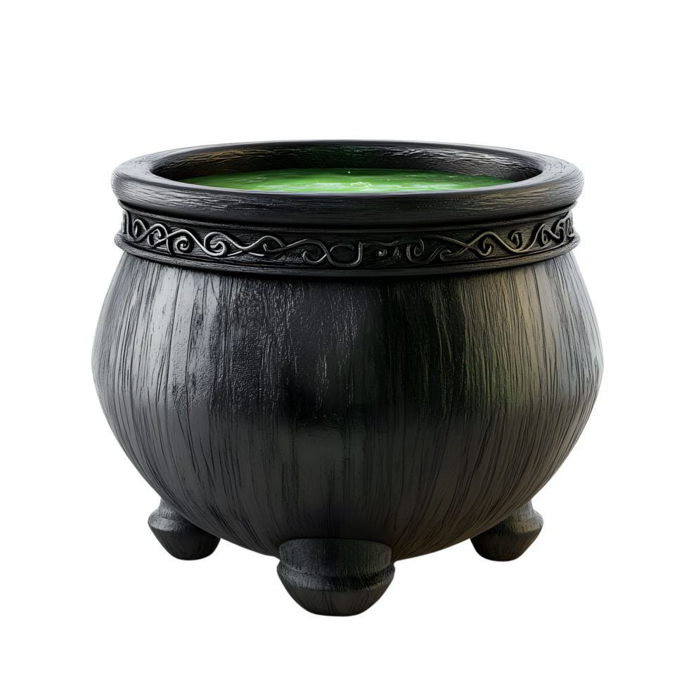 A realistic 3D black wooden witch cauldron bubbling with green magic potion, isolated on transparent background png