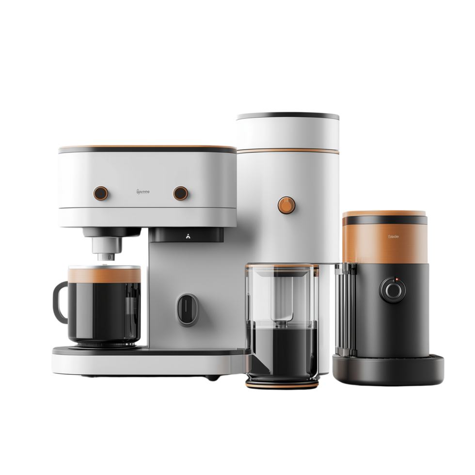 A 3D rendered modern kitchen appliance set with sleek design, featuring a microwave, toaster, and kettle, isolated on transparent background png